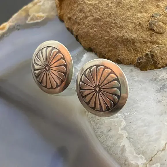 Native American Sterling Silver Round Stamped Concho Stud Earrings For Women #2 - Picture 6 of 10